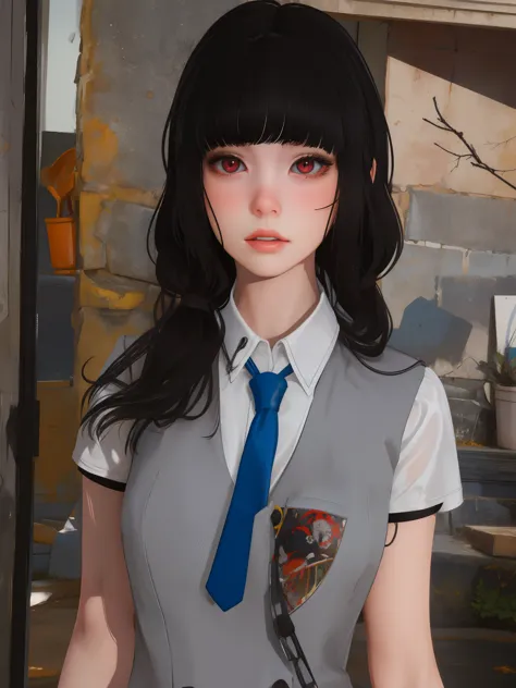 masterpiece, highly detailed, best quality, 1girl, solo, Luna, black hair, red eyes, blunt bangs, uniform.