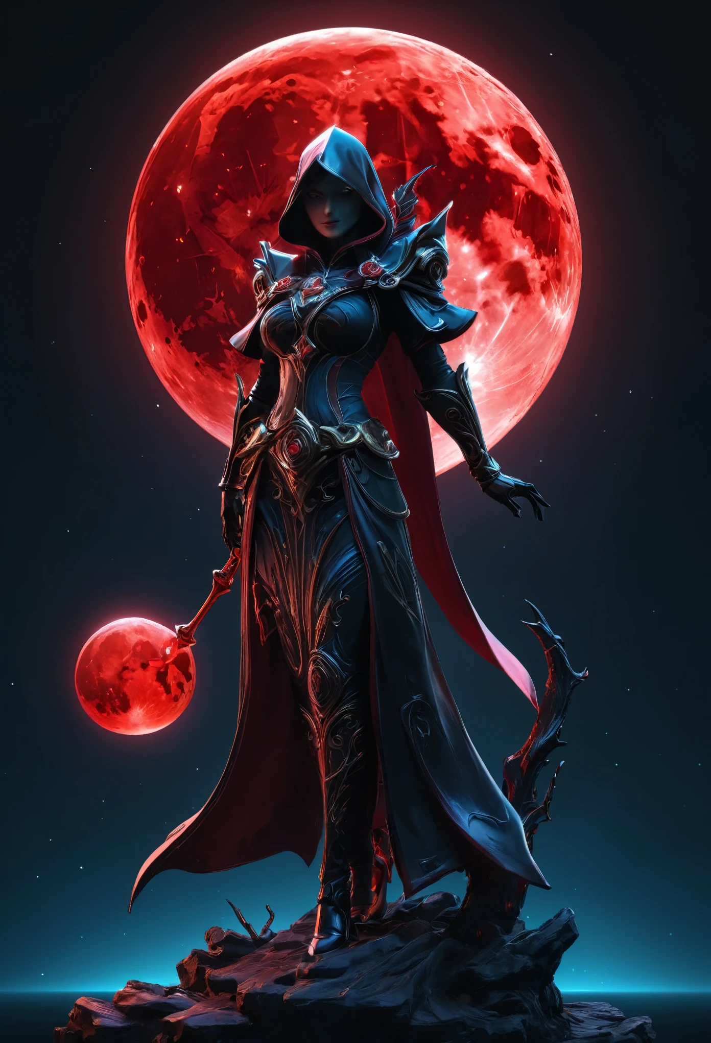 Red Necromancer, (alone), alone,Are standing_Split, Blood Moon, Ray Tracing, masterpiece, highest quality, super high quality, Absurd detailed, best Light, Best Shadow, sharp, sharp image, detailed, extremely detailed, Amazing resolution, 8k, 4K, Ultra-high resolution, Particle Effects, Beautiful Effects, Vibrant colors, neon Light, neon, Light,