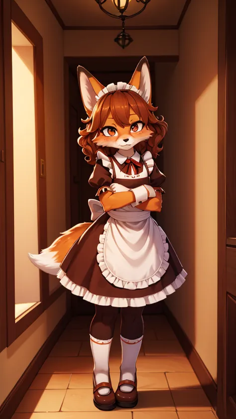 1 woman, furry, fox, orange fur, brown curly hair, maid, background of a house hallway, maid dress, long socks, a little scared,...