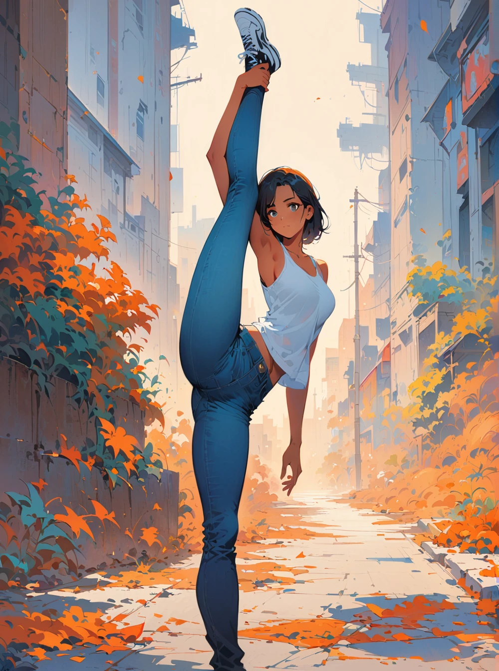 close, Beautiful woman in samdoesarts style, In a park full of orange leaves , alone,Are standing_Split, Jeremy Mann, By Sandra Chevrier, Dave McCain、Richard Avedon、Maciej Kuciara, White tank top and jeans, High resolution, 8k