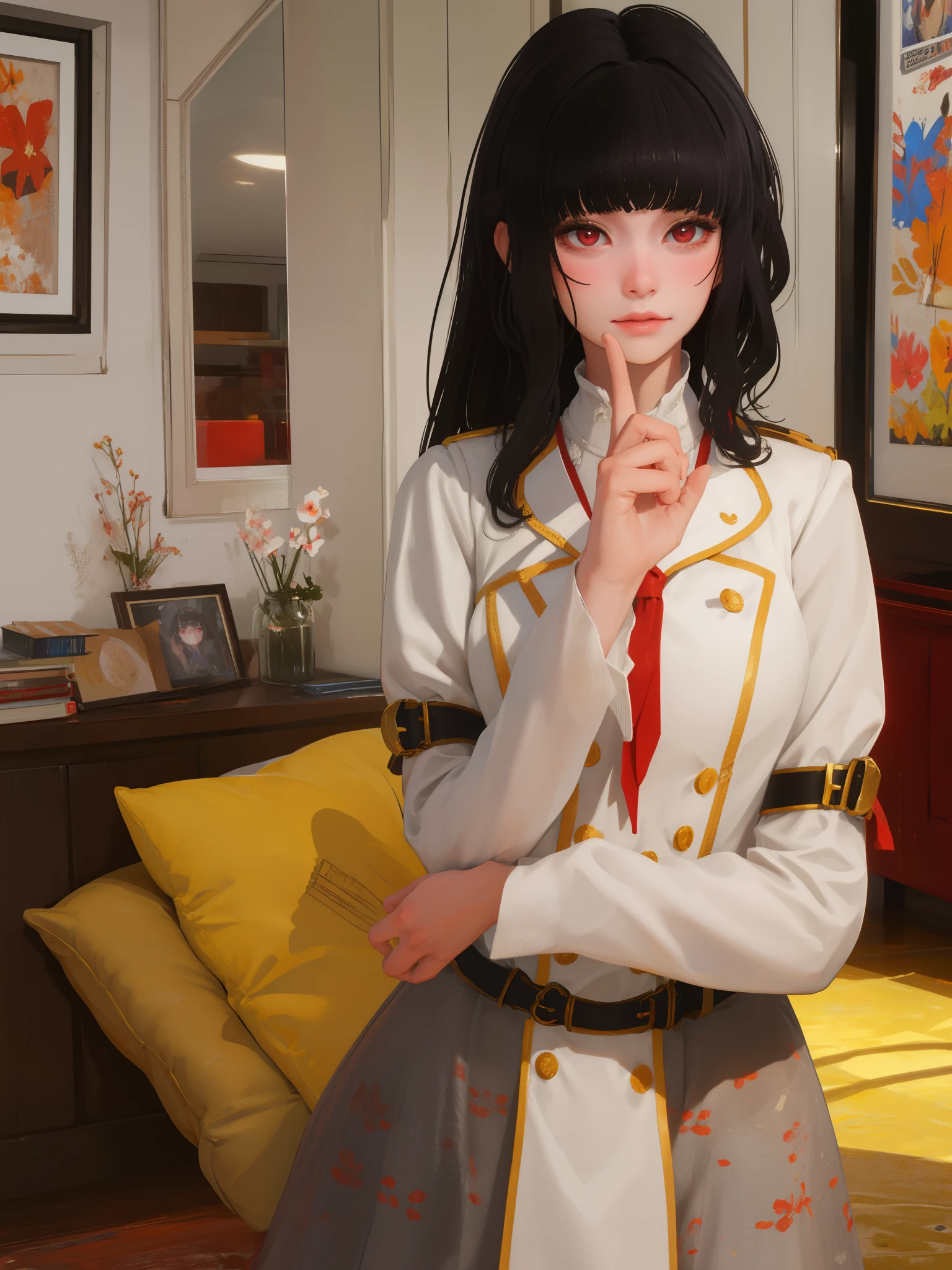 masterpiece, highly detailed, best quality, 1girl, solo, Luna, black hair, red eyes, long hair, blunt bangs, uniform.