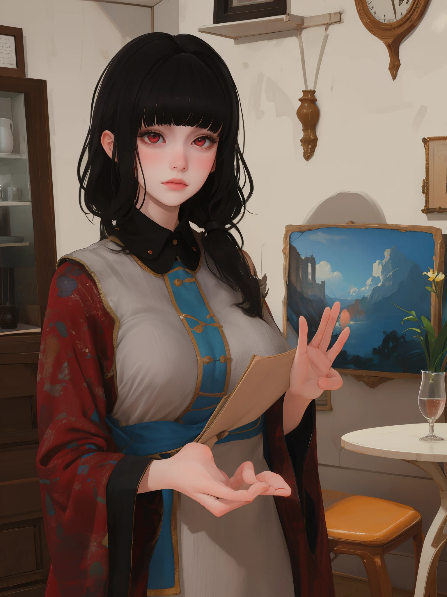 masterpiece, highly detailed, best quality, 1girl, solo, Luna, black hair, red eyes, blunt bangs, medieval style, blur background 