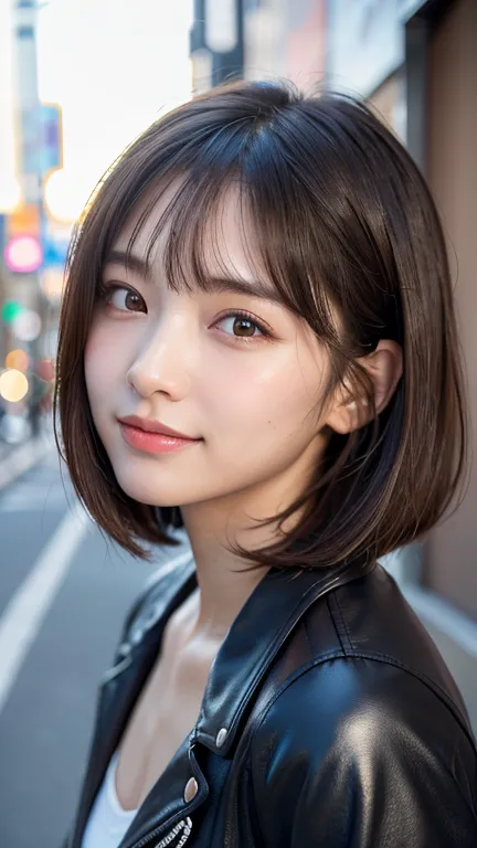 (((Straight shoulder-length brown mini bob)))、(((目が細くLight eye makeup)))、(((standing alone on the rider&#39;Black leather jacket...