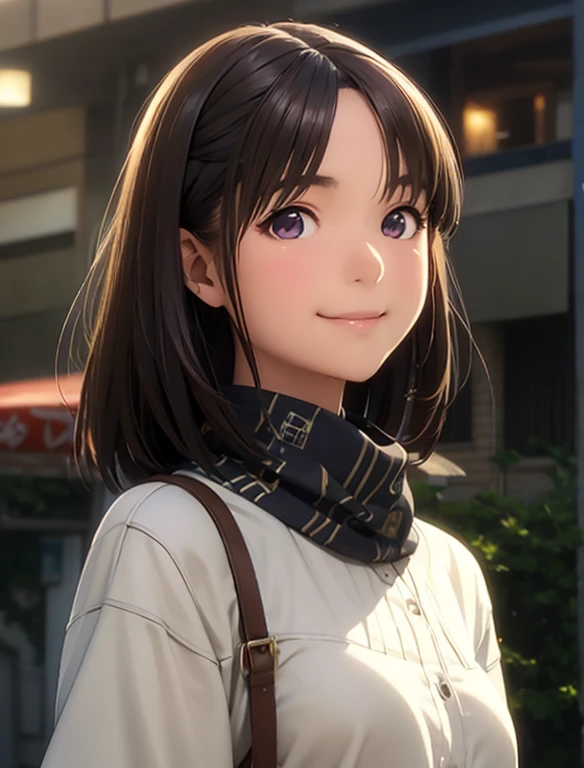 High resolution,In 8K,highest quality,detailed,Semi-realistic anime,Anime 3D Style,Smooth anime CG,One Girl,19-year-old woman in Japan,slim,Modeled,Shiny brown hair,Medium Hair,detailedな顔,Beautiful and detailed,Glowing Skin,,straggling hair,Angelic hairstyle,Small breasts,((Looking at the camera)),((Shut your mouth.)),((Smiling))