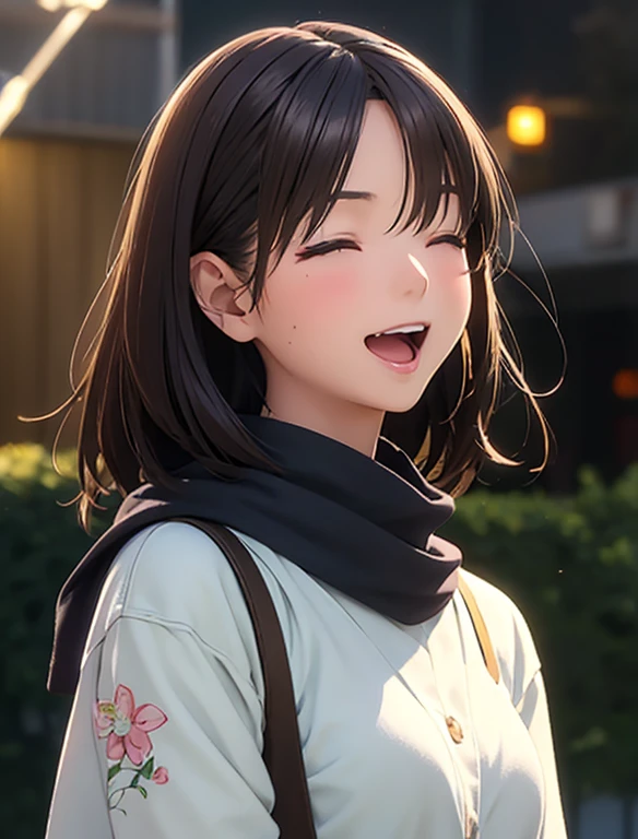 High resolution,In 8K,highest quality,detailed,Semi-realistic anime,Anime 3D Style,Smooth anime CG,One Girl,19-year-old woman in Japan,slim,Modeled,Shiny brown hair,Medium Hair,detailedな顔,Beautiful and detailed,Glowing Skin,,straggling hair,Angelic hairstyle,Small breasts,((Open your mouth)),((Laughter)),((close your eyes)),