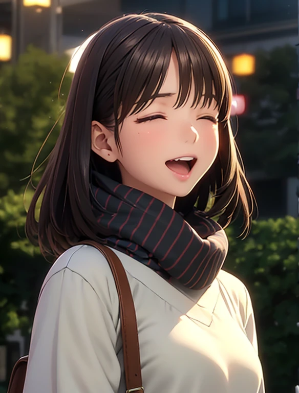 High resolution,In 8K,highest quality,detailed,Semi-realistic anime,Anime 3D Style,Smooth anime CG,One Girl,19-year-old woman in Japan,slim,Modeled,Shiny brown hair,Medium Hair,detailedな顔,Beautiful and detailed,Glowing Skin,,straggling hair,Angelic hairstyle,Small breasts,((Open your mouth)),((Laughter)),((close your eyes)),