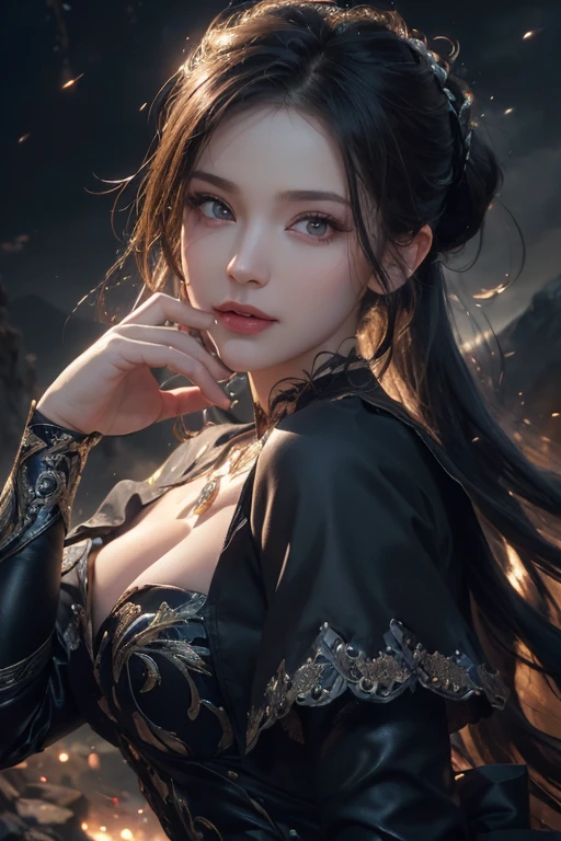 (Skin dents:1.5), Realistic, Realistic, (masterpiece:1.5), Concept Art, Intricate details, Very detailed, Realistic, Octane Rendering, 8k, Unreal Engine, Dynamic pose, highest quality, High resolution, (Realistic Face:1.1), (超Realistic:1.1), ((full_body)), Perfect Eyes,(Shiny skin:1.2), (((Hairstyle))), (((Perfect hands))), (Very detailed背景), ((Dynamic Background)), (light), ((Fine grain, High quality eyes, High quality face)), (((flowing Hairstyle))),  amazing, Depth of written boundary, Bokeh, 4K, Gothic,  Mountain Background, lightning, Glowing blue iris, Gorgeous dress for the night,