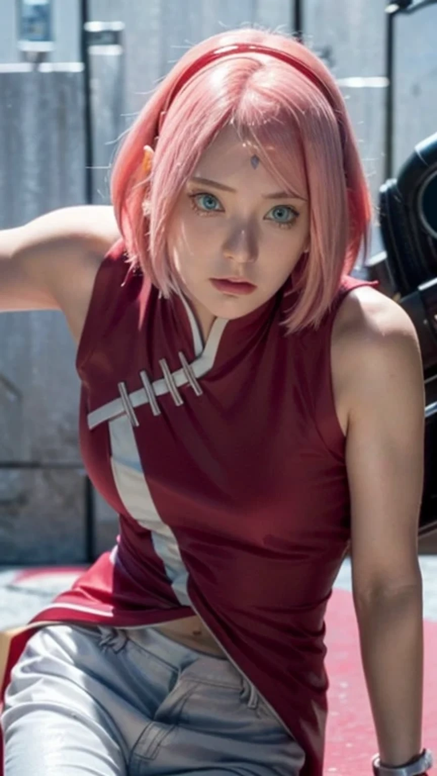 masterpiece, ,(solo:1.1), perfect face, (bright lighting:1.2),beautiful detailed eyes, extremely detailed face, perfect lighting,masterpiece, best quality, 1girl,haruno sakura, red sleeveless dress, white pants, bracelets, forehead mark, red hairband, small breast, medium hips, solo