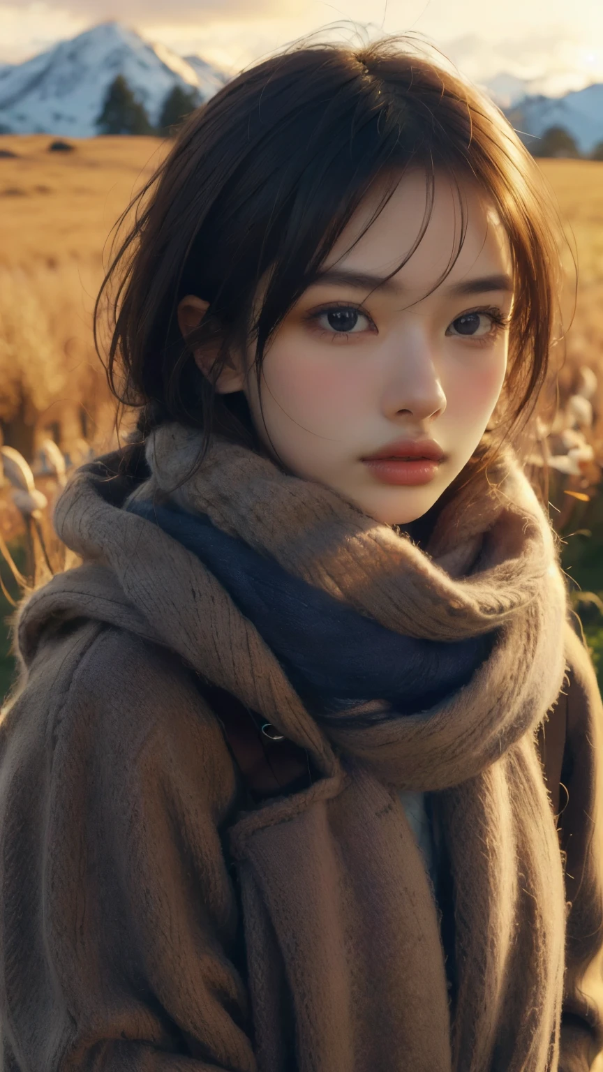 8k, best quality, masterpiece, realistic, ultra detail, photo realistic, Increase quality, 
a photo of a girl standing in a field with a scarf, in the style of dark and brooding designer, voluminous mass, photobash, serene faces, jagged edges, navy, natural beauty, close-up shot
