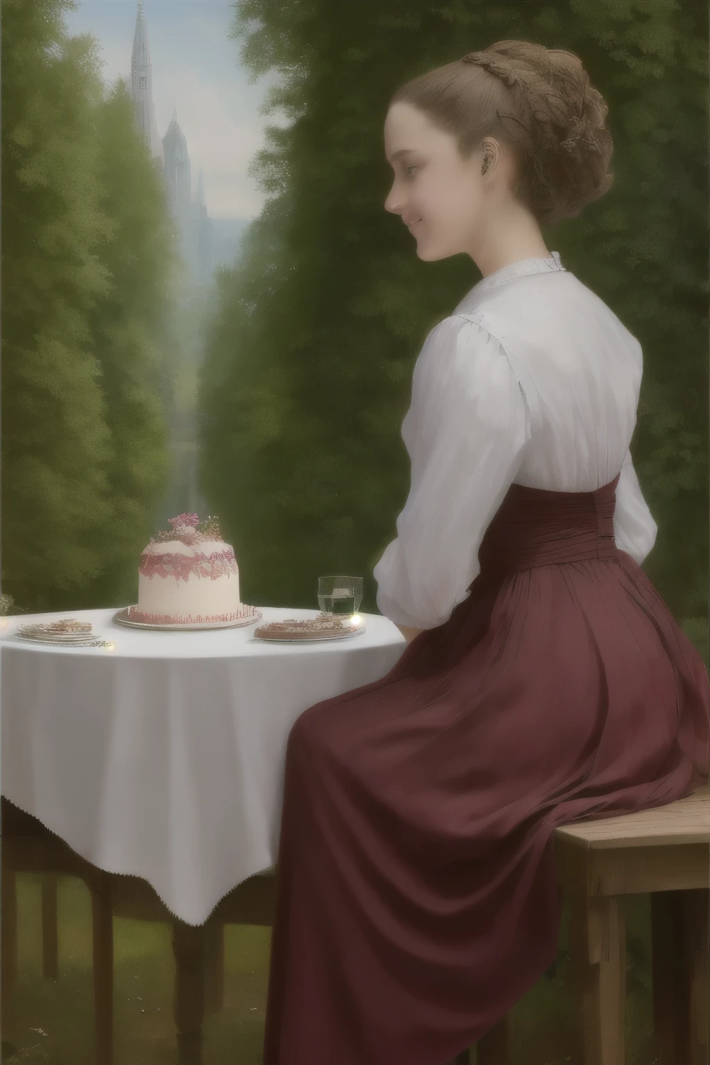 (Masterpiece, Superb, Super Detailed, High Resolution)), solo, beautiful girl RUSSIAN IN BRAIDS, bright eyes, perfect eyes,there are two women standing at a table with a cake, mary jane ansell, nick alm, by Emile Lahner, romantic era painting, inspired by Antonio Ciseri, art style of john collier, tuomas korpi bouguereau, art of emile eisman - semenowsky, inspired by Henryk Siemiradzki, victorian era painting, epic Masterpiece, ultra highest quality, ulra highest resolution, ulra high-definition, distinct_image, very elaborate CG, cinematic lighting, ray tracing, drop shadows, detailed detail, (photorealistic: 1.4), ultra high quality textures, fine-grained, realistic face expression): (lone girl, face is Japan, brown short hair, small size breasts, sparkling eyes, Eye level shot, happy smile, beauty, slim body, holiday,4k、futuristic image、real、concert hall、Many people、back view、Hologram Art、very detailed、wide angle lens、damp medieval town、3D hologram、projectolm、geometric、Vibrant and fantastic plants、big house、anime background、