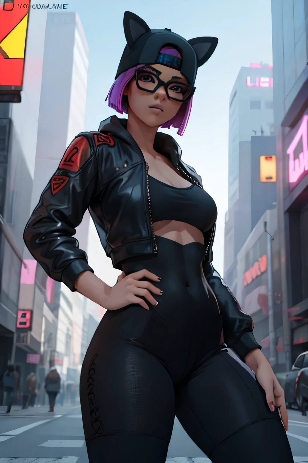 Cyberpunk linen suit, cap, black leggings with navy blue, black jacket ,extremely detailed, Detailed face, glasses ,beautiful face, fine eyes, looking at the viewer, heroic pose, evening 