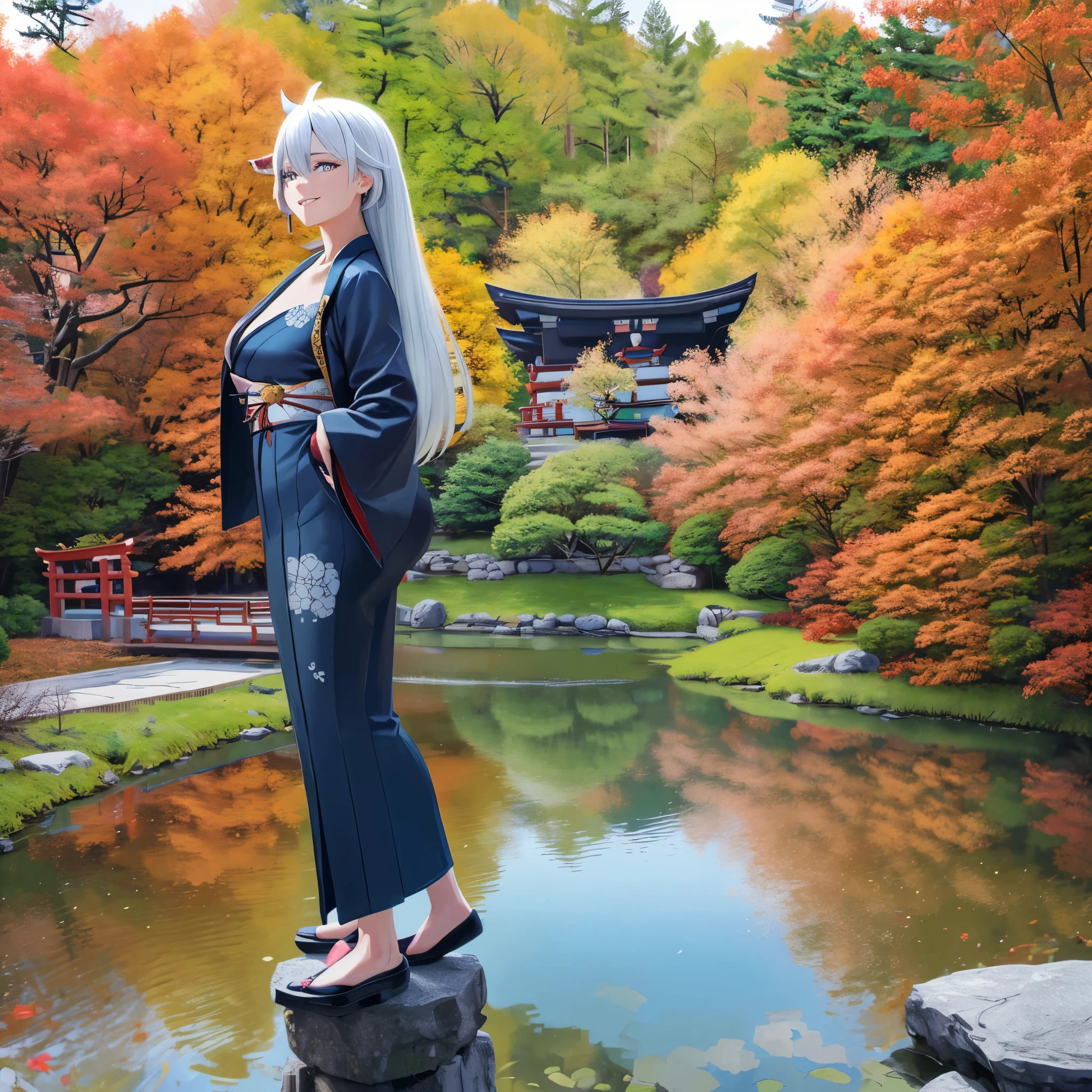 A (((woman in a traditional Japanese blue kimono))), with long, flowing silver hair and striking, mirrored eyes, standing on a ((traditional Japanese bridge)) overlapping with a (autumnal backdrop of trees, leaves, and a Japanese garden below), set against a backdrop of a (concrete road) and a gorgeous, cloudy sky, HDR, ultra resolution, well defined, masterpiece, 8K HD. (solo woman)
