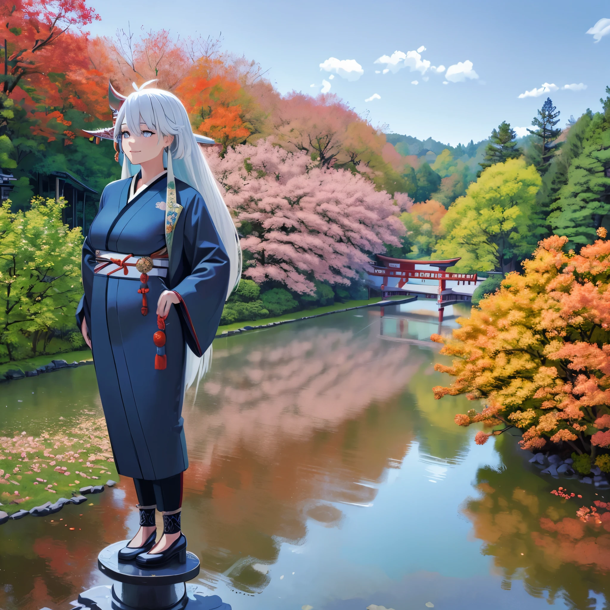 A (((woman in a traditional Japanese blue kimono))), with long, flowing silver hair and striking, mirrored eyes, standing on a ((traditional Japanese bridge)) overlapping with a (autumnal backdrop of trees, leaves, and a Japanese garden below), set against a backdrop of a (concrete road) and a gorgeous, cloudy sky, HDR, ultra resolution, well defined, masterpiece, 8K HD. (solo woman)
