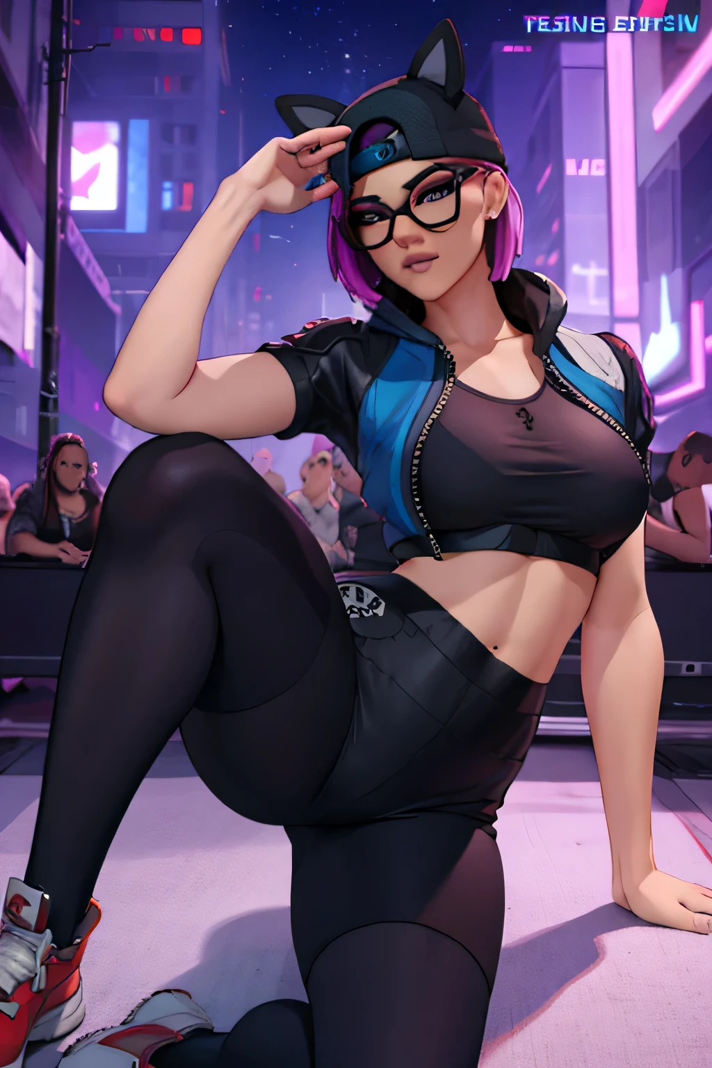 Cyberpunk Linen Suit, cap, black shorts with navy blue leggings, navy blue jacket ,extremely detailed, Detailed face, glasses ,beautiful face, fine eyes, looking at the viewer, feminine pose, evening 