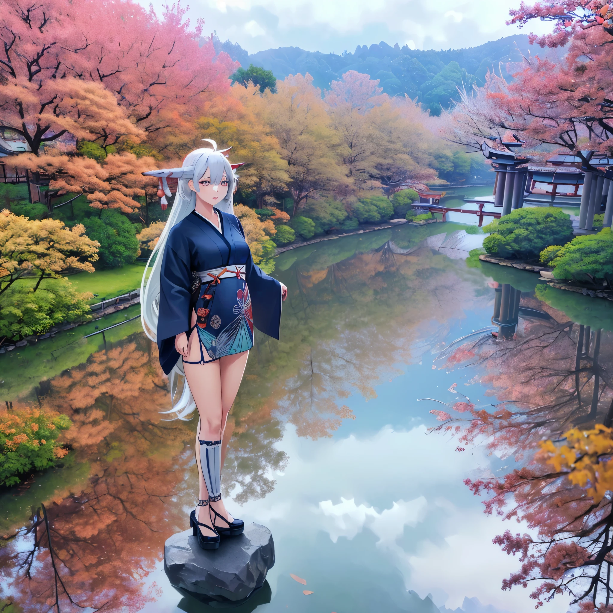 A (((woman in a traditional blue Japanese kimono))), with long flowing silver hair and striking mirrored eyes, standing on a ((traditional Japanese bridge)), short skirt, large breasts, superimposed on a (backdrop autumnal landscape of trees, leaves and a Japanese garden below), with the backdrop of a (concrete road) and a beautiful cloudy sky