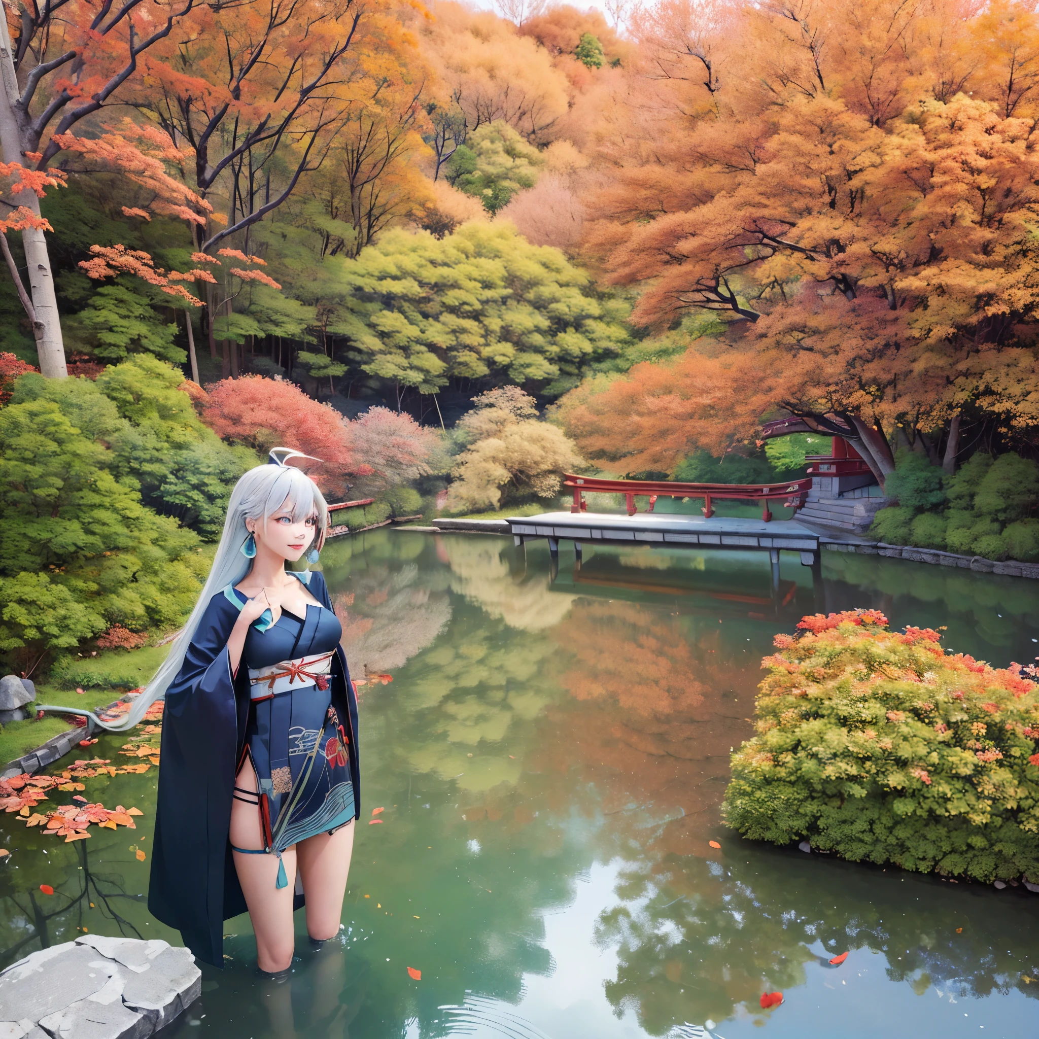 A (((woman in a traditional blue Japanese kimono))), with long flowing silver hair and striking mirrored eyes, standing on a ((traditional Japanese bridge)), short skirt, large breasts, superimposed on a (backdrop autumnal landscape of trees, leaves and a Japanese garden below), with the backdrop of a (concrete road) and a beautiful cloudy sky