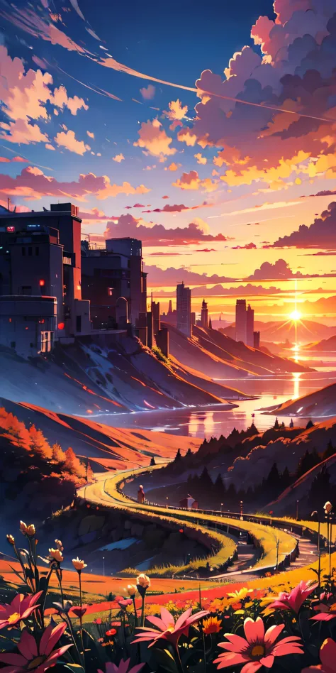 Dreamy anime scenery, red sunset, red clouds, beautiful landscape nature, colourful flowers, winning award artwork 
