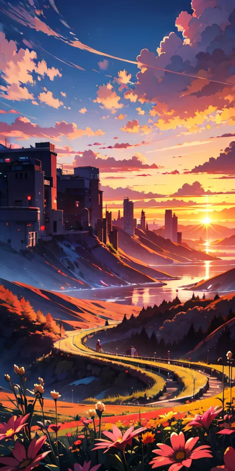 dreamy anime scenery, red sunset, red clouds, beautiful landscape nature, colourful flowers, winning award artwork