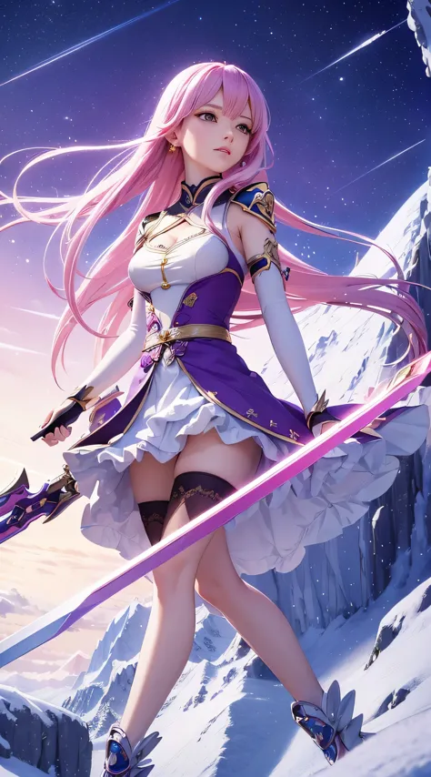 Extreme Detail, perfection, aerial photograph, Like a work of art, Anime girl with ice and snow sword, Her pink hair and long pu...