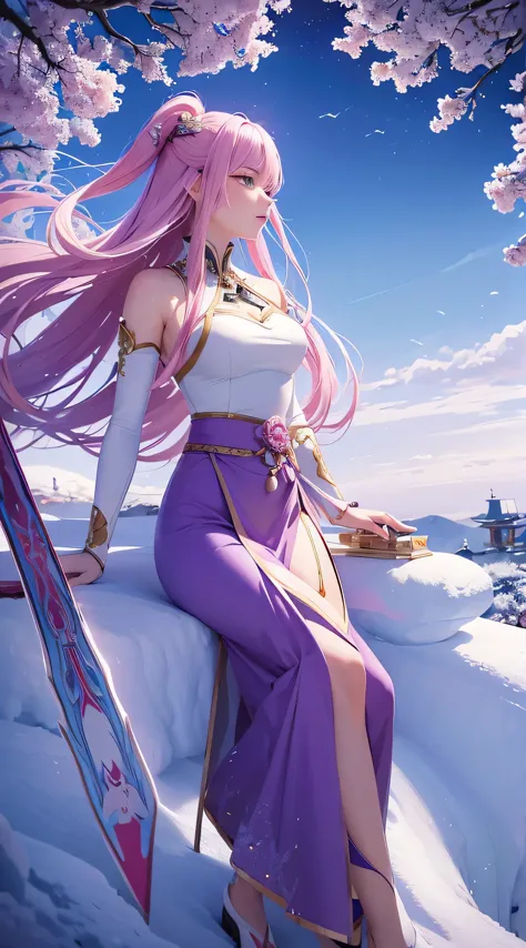 Extreme Detail, perfection, aerial photograph, Like a work of art, Anime girl with ice and snow sword, Her pink hair and long pu...