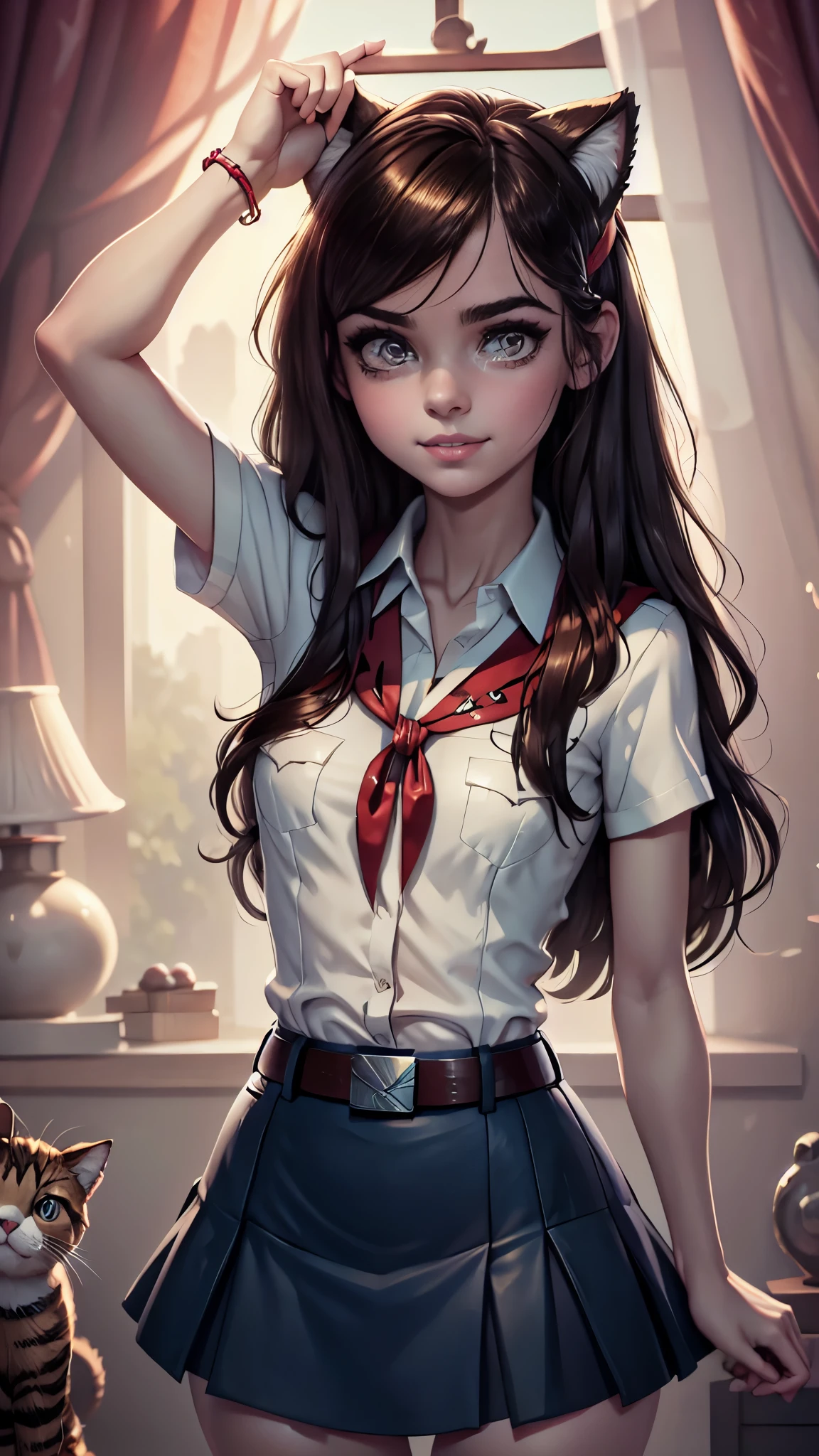 8k, high detailed picture, masterpice, very young girl, slim fit girl, (full body shot:1.2), (rounded face:1.2), very long disheveled dark brown hair, big brown eyes, shy smile, accurate eyebrows, perfect small breast, band on head with fake cat ears, parororo, pioneer neckerchief, blue thight microskirt, bangs, shirt, collarbone, white shirt, short sleeves, (collared shirt:1.3), belt, eyelashes, (red neckerchief:1.1), breast pocket, accurate small snub nose, ariawm, (lock of hair hangs down between the eyes:1.2), accurate fingers