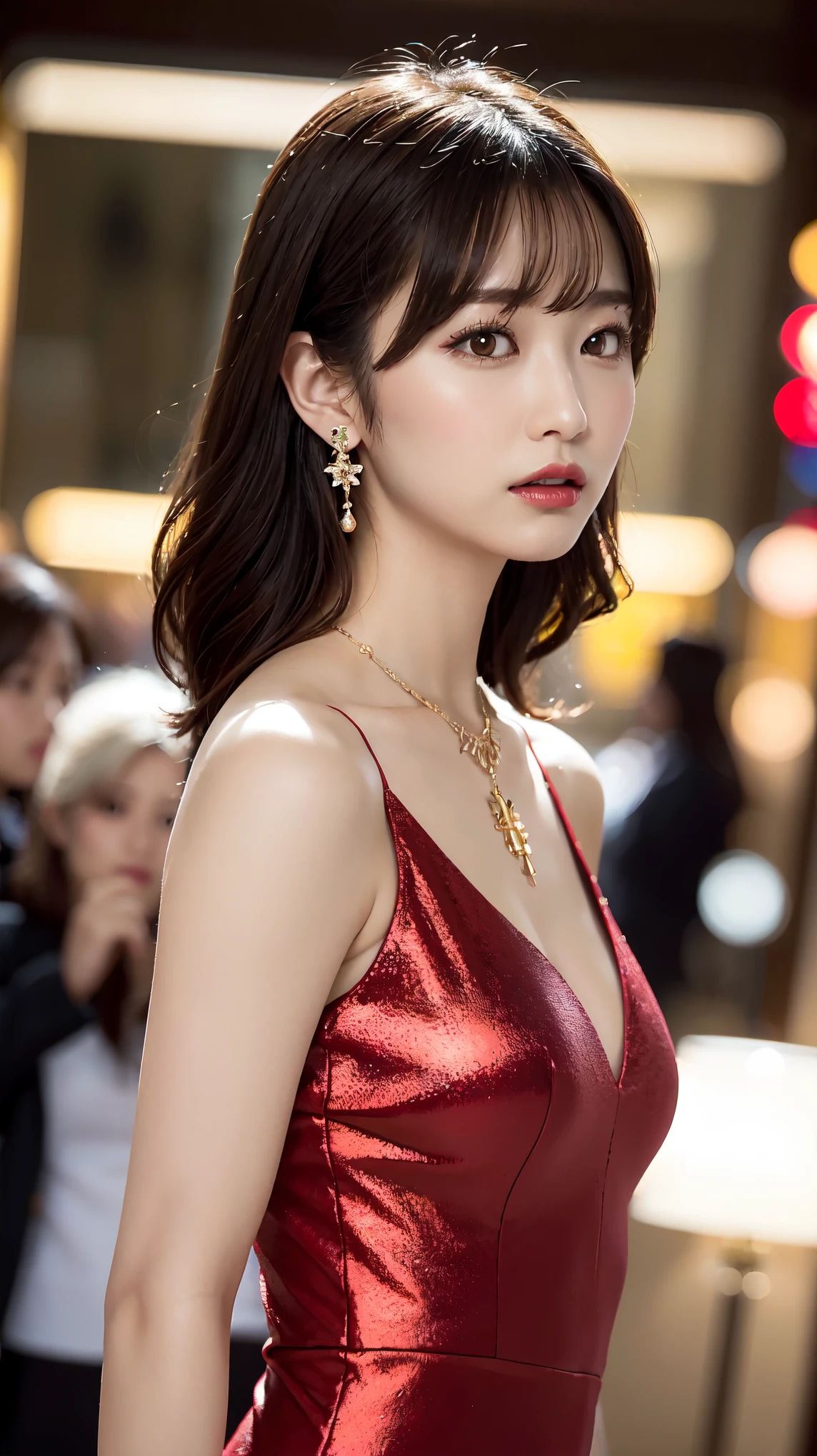 1 female, Beautiful Japanese actresses, Age 25, Double Eye,mile, Detailed face, Big earrings，Large Necklace, Flashy makeup using red eyeshadow，light brown delicate middle cut hair，The tips of the hair are wavy，Classy hairstyle，Fine grain,Slender actress, Large breasts, valley, Small hips, Side Bust Barbosa), Sexy silk embroidered mermaid dress:1.2), break long black hair, BREAK ceremony, Red carpet, Official Art，Highly detailed CG Unity 8k wallpaper, (masterpiece:1.0),(highest quality:1.0), photo shoot, 8k, Browsing Caution, High resolution, Kodak Portrait 400, Film Grain, Lens flare brilliance,Show Viewer, View from the front