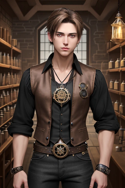 20 year old guy light brown hair Steampunk vest black shirt black jeans slim muscular build pentagram medallion looking straight at viewer in potions store background black belt with star-shaped buckle holding a crystal 