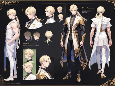 ((Masterpiece, Highest quality)), Male, boy, Detailed face, character design sheet， full bodyesbian, Full of details, frontal body view, back body view, Highly detailed, Depth, Many parts, angel wings, angel outfit, Muscle boy with blond ponytail hair，hand...