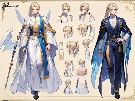 ((Masterpiece, Highest quality)), Male, boy, Detailed face, character design sheet， full bodyesbian, Full of details, frontal body view, back body view, Highly detailed, Depth, Many parts, angel wings, angel outfit, Muscle boy with blond ponytail hair，hand...