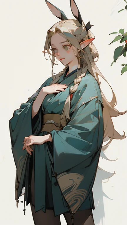 (masterpiece, Best quality) detailed, wear black tights, Silver Accessories ,blonde ,elegant, Pointed ears，if i want，Hanfu，big ，edgBunny，bunny girl