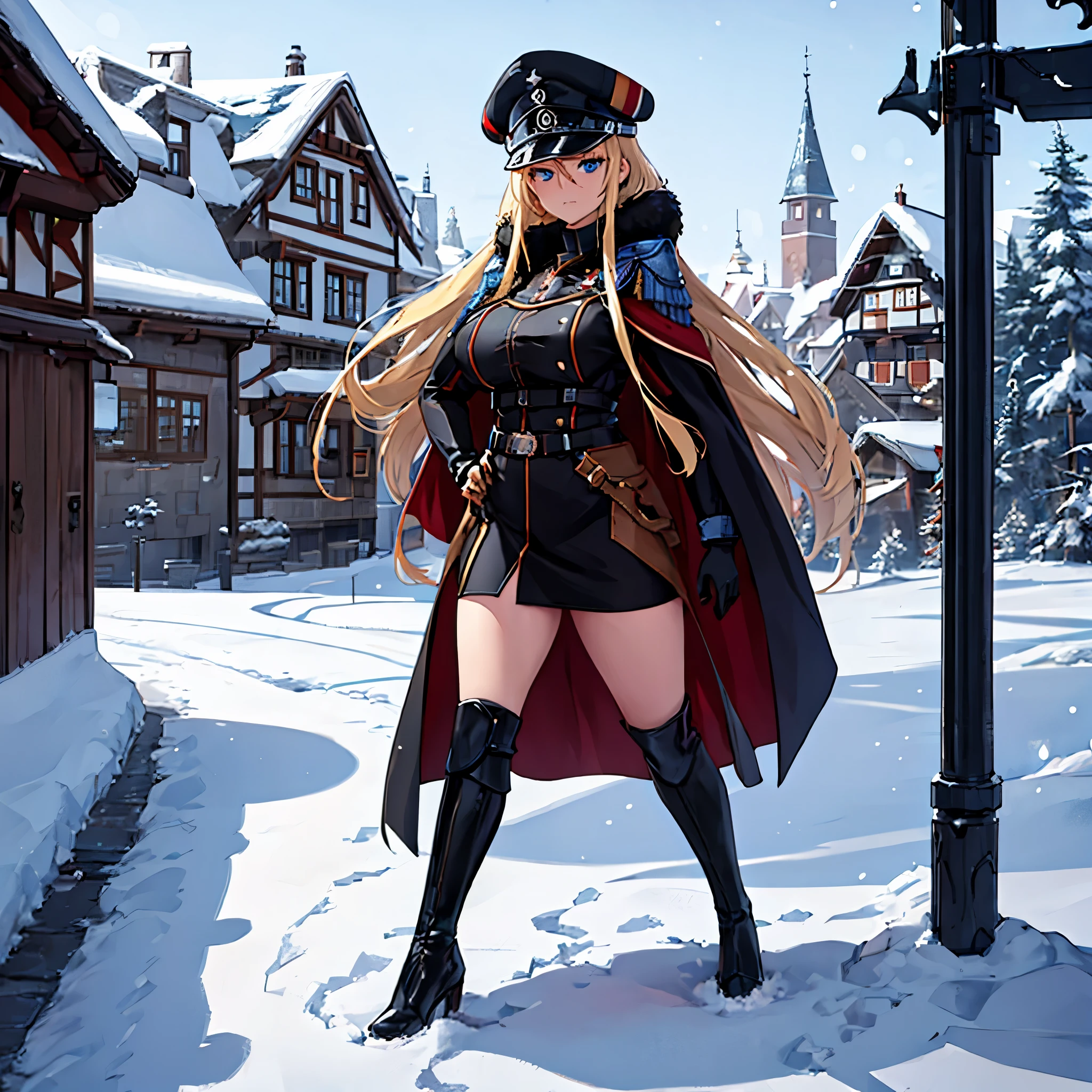 A woman wearing a cold military uniform, black uniform with red details, cold fur cape, long black cape, military boots, big breasts, blue eyes, long blonde hair, black military hat, walking at the high point of a traditional German town , winter weather, snow-covered place, full body,.HDR, ultra resolution, well defined, masterpiece, 8K HD. (solo woman)