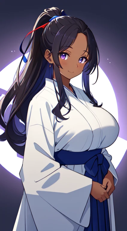 masterpiece, best quality, anime Illustration, 4k, 1 girl, solo, standing, long hair, black hair, violet eyes, high ponytail, blue hair ribbon, blue ribbon, blue hakama and white kimono, big breasts, huge breasts, looking_at_viewer, motherly smile, upper_body, dark skin, ((Village background:1.0)), ((dark skin: 1.5)), , ((parted bangs: 1.4)),  parted bangs, large forehead, purple eyes