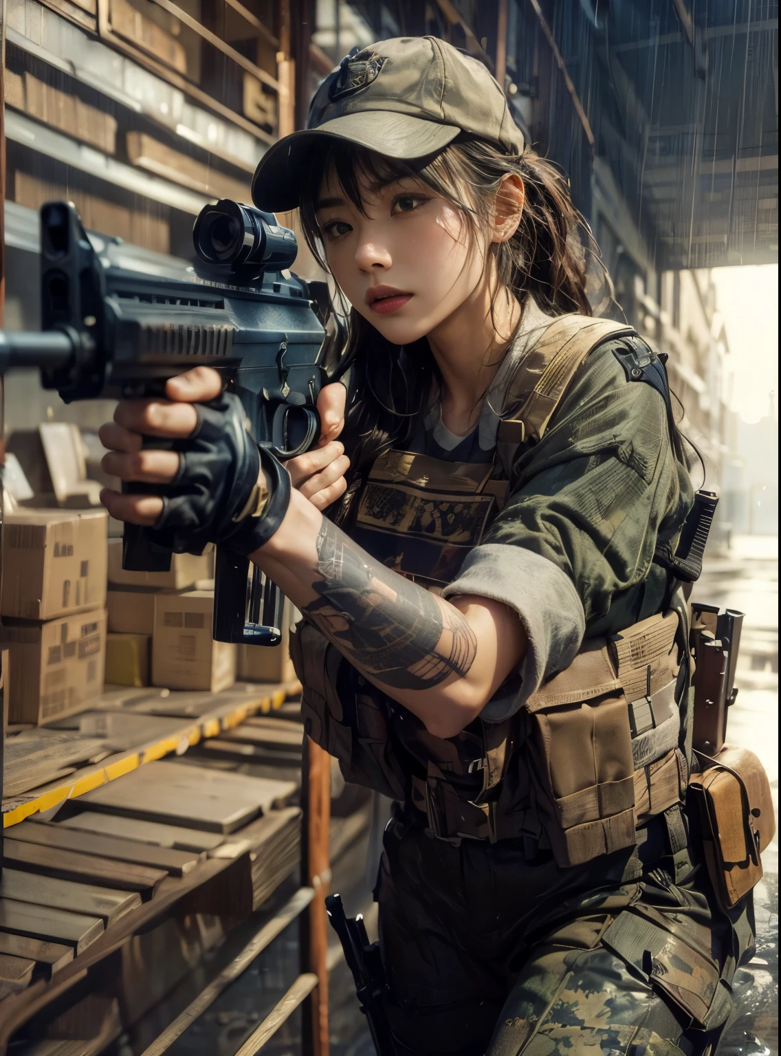 (best quality,8k,photorealistic:1.37),realistic skin texture, beautiful Japanese female marine, aiming with an assault rifle, old warehouse district by the harbor, green t-shirt, cap, braided hair, military pants, boots, dynamic pose, running along the warehouse wall, gunfight, daring assault, tattoos, getting wet in the rain, thunderstorm, toned body, muscles, anger, bold composition