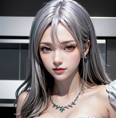 ulzzang -6500-v1.1, animesque、anime styled、ssmile、portraitures、Beautiful and moisturized silver-white eyes like crystal clear gl...