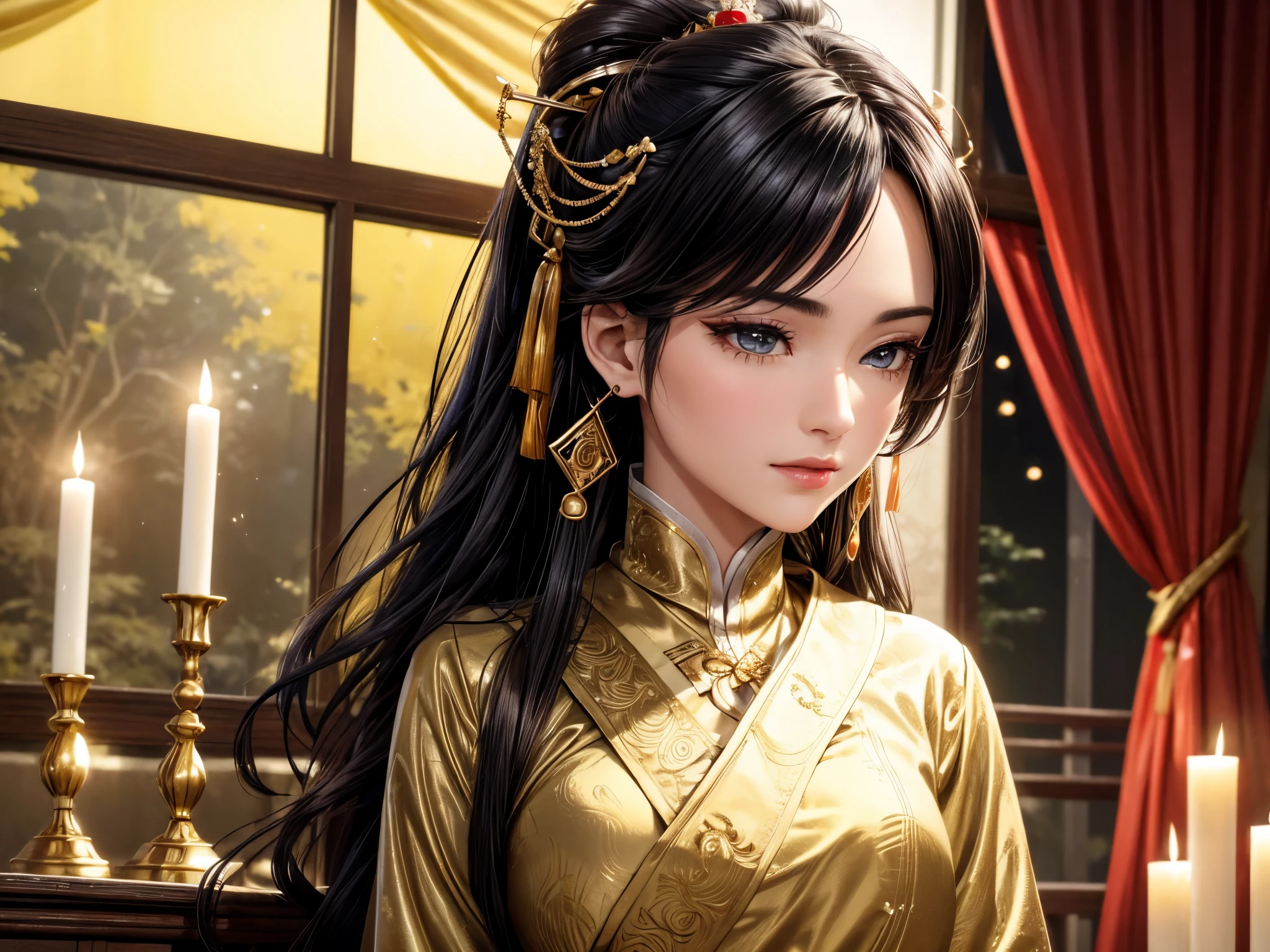 ((best quality)), ((Ultra-high resolution)), ((Practical)), fine details, Age of appearance 19 years, Black Hair, Perfect face shape, medium makeup:1.5, face lighting, Emphasis on details, Long hair, Wearing a Chinese red wedding dress:1.3, Gold headdress, Holding a fan, Gold dress detail. Full body portrait, Windows, floor, curtain, Candlelight, Presents a picture of a distant pose.