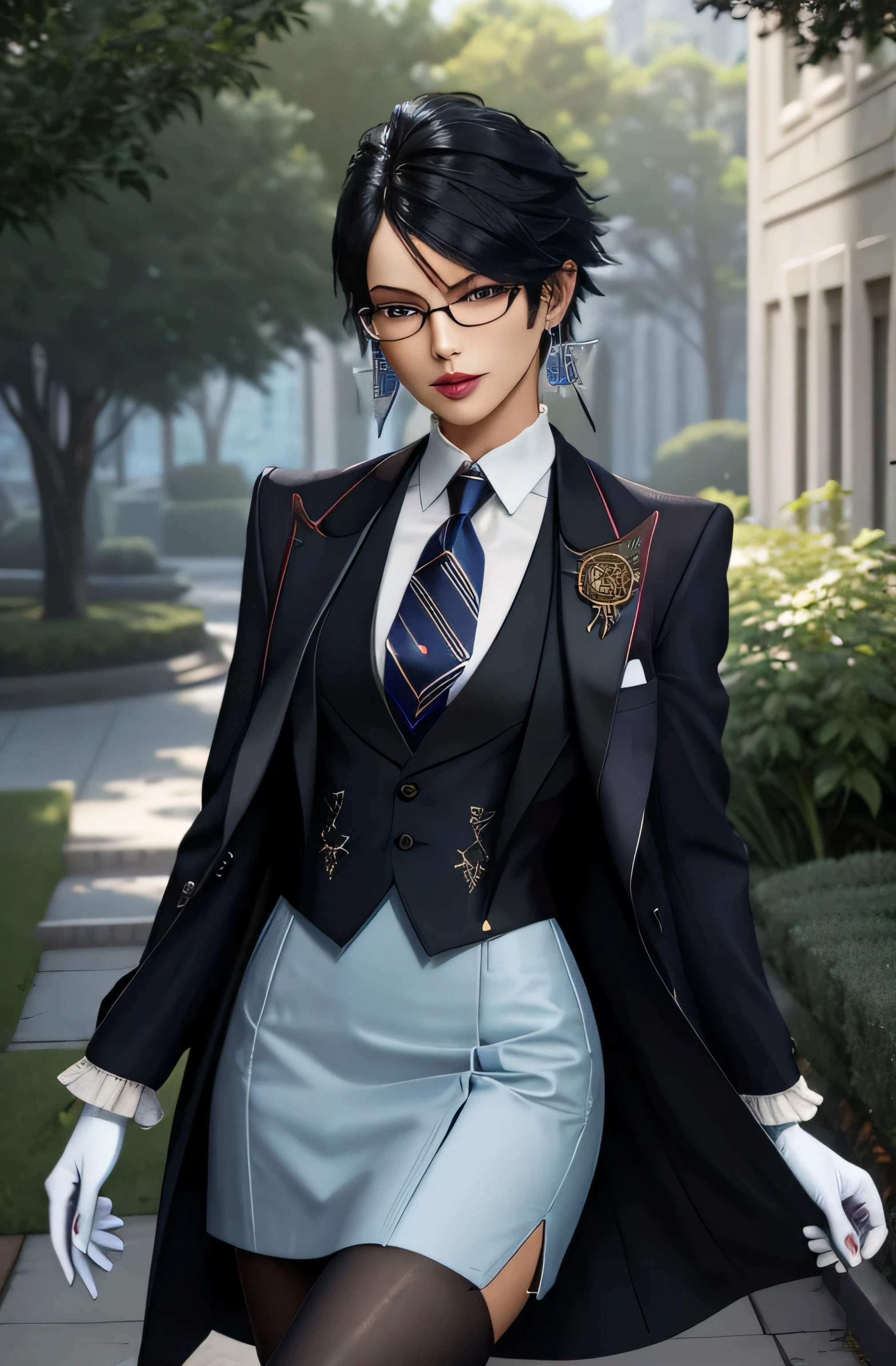 ((masterpiece)),((best quality)),((absurdres)),((ornate)),cowboy_shot,(straight-on),dynamic_pose,bayonetta_2_shorthair_aiwaifu,aiwaifu,black_hair,blue_eyes,jewelry,glasses,earrings,mole_under_mouth,makeup,short_hair,lipstick,lips,gloves,alternate_hair_length,breasts,black-framed_eyewearwhite_gloves,eyeshadow,semi-rimless_eyewear,toned,curvy, narrow waist, solo,mature_female,looking_at_viewer,architecture,garden,stream,outdoors,gradient_sky,twilight,petals,magic,backlighting,light_particles,bokeh, blurry_background,colorful,(highres),(ornate_clothes),(vanishing_point),(dappled_sunlight),(depth_of_field),(scenery),(realistic),(masterpiece), ((navy pinstripe skirt suit)), suit and tie, (((three-piece suit))), silk dress shirt, shirt and tie, (((maroon necktie))), ((pinstriped blazer)), ((open blazer)), ((suit jacket)), (((waistcoat with lapel))), (light blue dress shirt with white collar), ((bodycon miniskirt)), (((pencil skirt))), pantyhose, tights, stockings, tie clip, pocket square, tailored suit, (((cufflinks)))