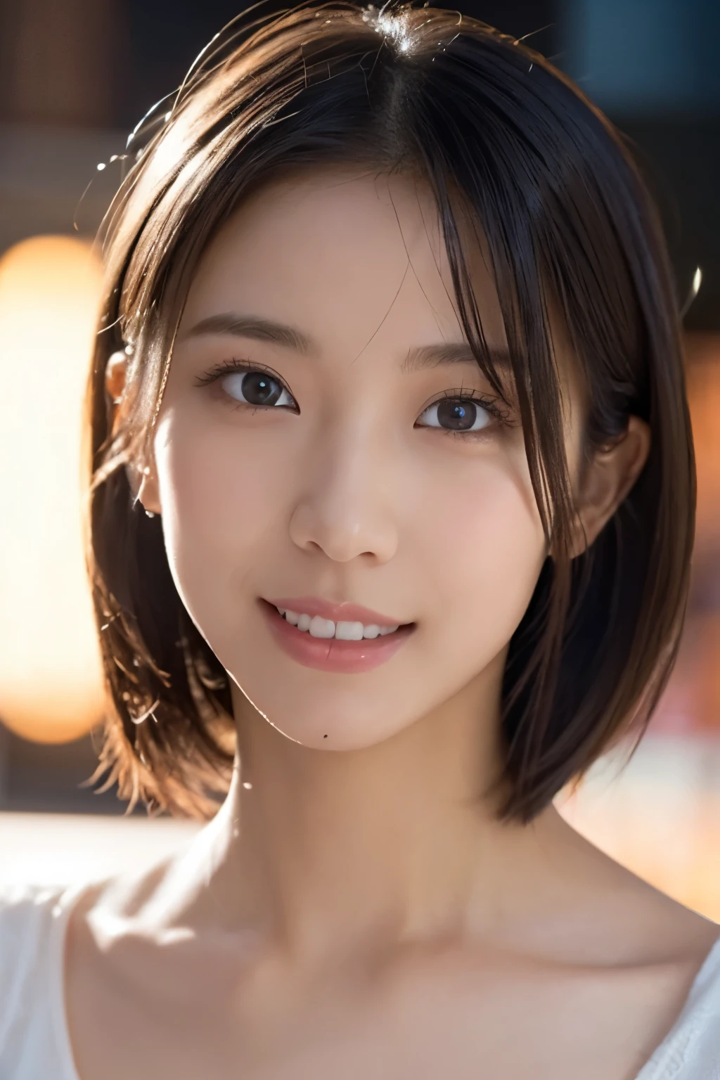 One Girl, (White underwear:1.2),((Close-up of face:1.7))、 (RAW Photos, highest quality), (Realistic, Photorealistic:1.4), Tabletop, Very delicate and beautiful, Very detailed, 2k wallpaper, wonderful, In detail, Very detailedな CG Unity 8K 壁紙, Very detailedな, High resolution, Soft Light, Beautiful detailed girl, Very detailedな目と顔, Beautifully detailed nose, Beautiful fine details, Cinema Lighting, City lights at night, Perfect Anatomy, Slender body, smile