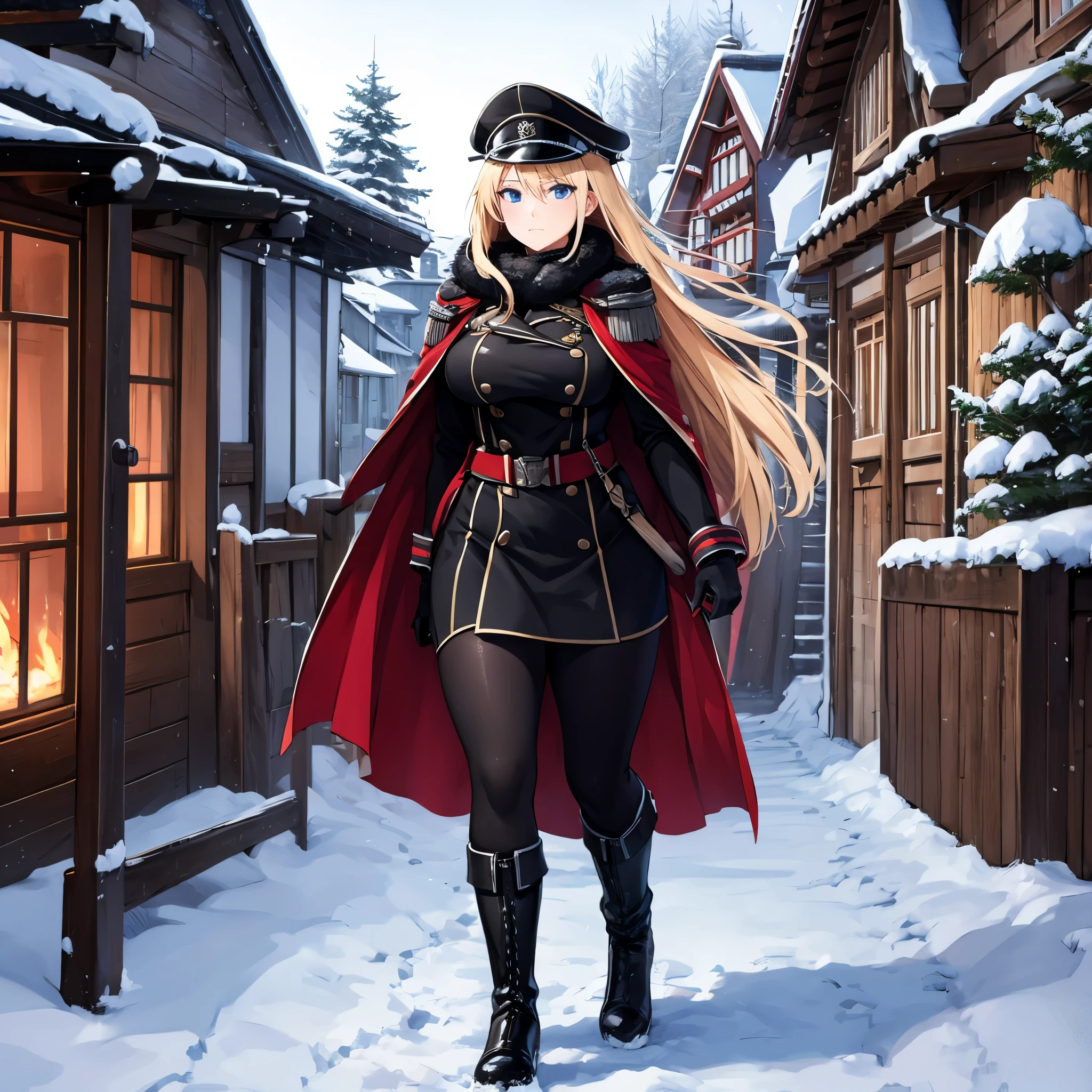 A woman wearing a cold military uniform, black uniform with red details, cold fur cape, long black cape, military boots, big breasts, blue eyes, long blonde hair, black military hat, walking at the high point of a traditional German town , winter weather, snow-covered place, full body,.HDR, ultra resolution, well defined, masterpiece, 8K HD. (solo woman)
