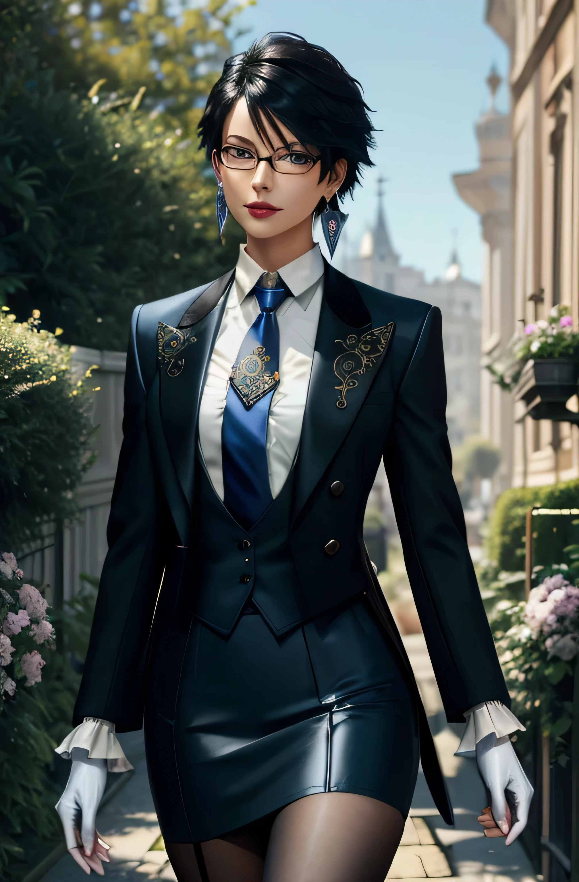 ((masterpiece)),((best quality)),((absurdres)),((ornate)),cowboy_shot,(straight-on),dynamic_pose,bayonetta_2_shorthair_aiwaifu,aiwaifu,black_hair,blue_eyes,jewelry,glasses,earrings,mole_under_mouth,makeup,short_hair,lipstick,lips,gloves,alternate_hair_length,breasts,black-framed_eyewearwhite_gloves,eyeshadow,semi-rimless_eyewear,toned,curvy, narrow waist, solo,mature_female,looking_at_viewer,architecture,garden,stream,outdoors,gradient_sky,twilight,petals,magic,backlighting,light_particles,bokeh, blurry_background,colorful,(highres),(ornate_clothes),(vanishing_point),(dappled_sunlight),(depth_of_field),(scenery),(realistic),(masterpiece), ((skirt suit)), suit and tie, (((three-piece suit))), silk dress shirt, shirt and tie, (((shirt collar))), (((blue necktie))), ((blazer)), ((open blazer)), ((suit jacket)), (((waistcoat with lapel))), (dress shirt with white collar), ((bodycon miniskirt)), (((pencil skirt))), pantyhose, tights, stockings, tie clip, pocket square, tailored suit, (((cufflinks))), beautiful face, european face,