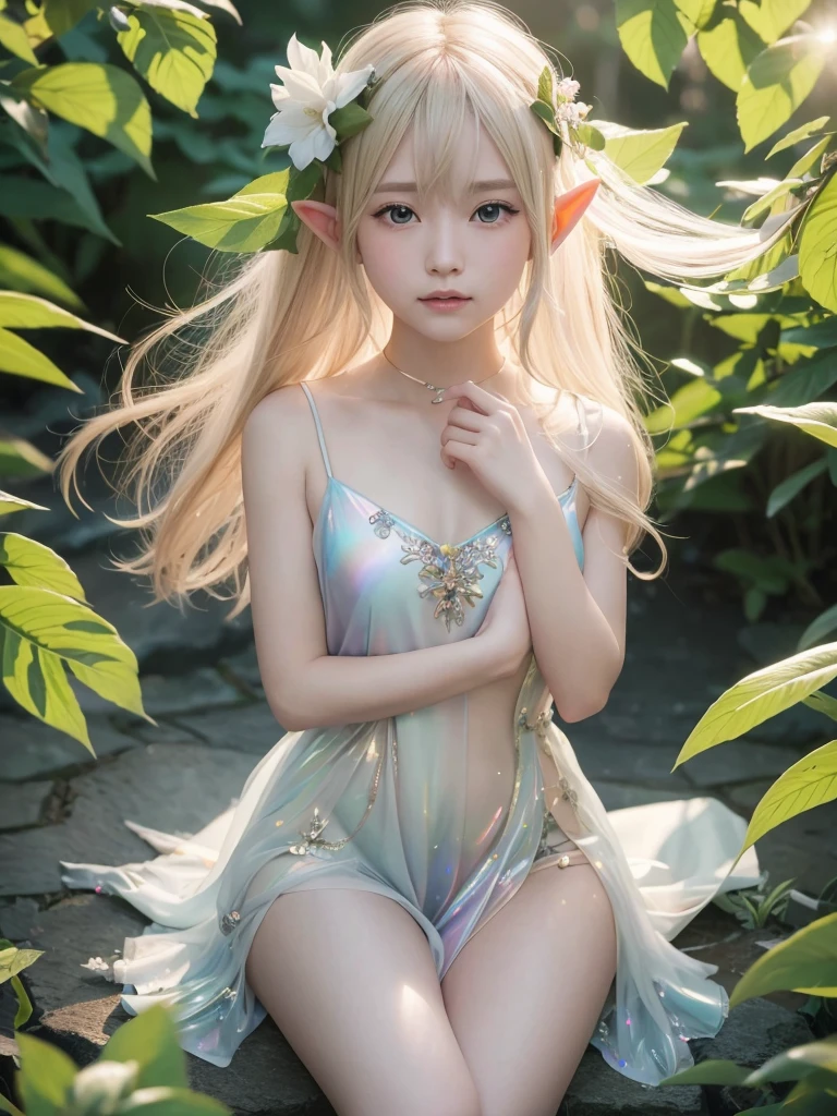 A shining blonde fairy sitting on a flower, (Elf), a field of flowers々Surrounded by, A beautiful girl with a pair of beautiful, transparent and shiny wings on her back.、翼からShine鱗が飛ぶ, Fairy Dress, Wavelength dispersion, colored glaze, Multicolor prism effect, Rainbow Core, iris, Highly detailed background，Realistic，Ultra-detailed，Highly detailed skin，Shine，Film Grain，According to II，Lens flare，sharp，Shadows in the movie