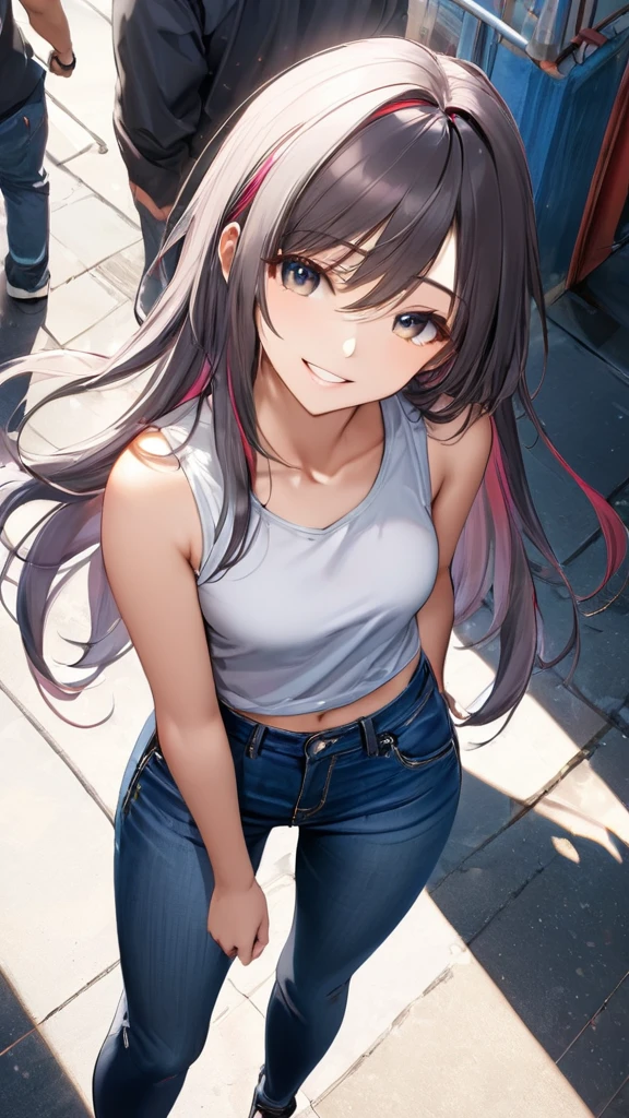 (full body:1.4), from above, (masterpiece:1.3)), (best quality:1.3),(ultra detailed:1.4),(extremely detailed),(absolutely resolution:1.3) ,absurdres,8k, 1girl, grin, ultra detailed eyes, long hair, multicolored hair, tanktops, jeans, 