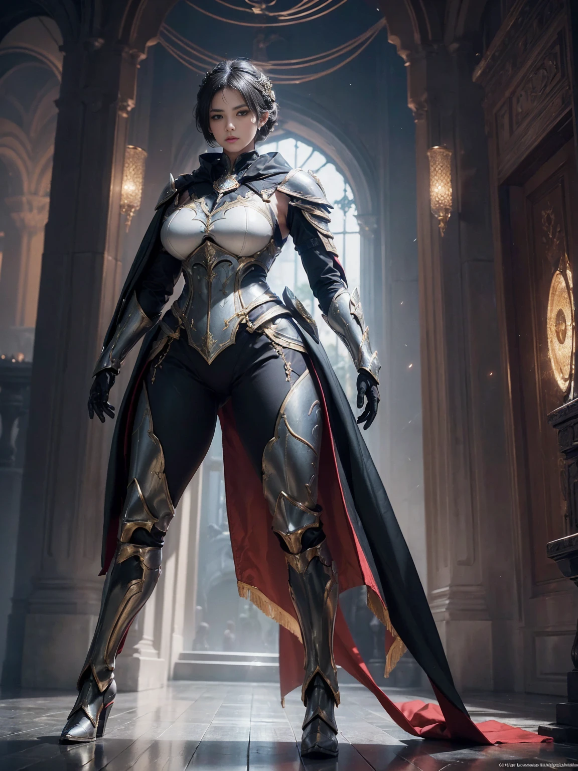 ((1 Full body single woman)) ,(Shooting from front), looking at the camera, centered image, tmasterpiece，A high resolution,Absolutely beautiful, facing camera, Tall and tall，big breast, white short hair with updo, (full coverage armor, Ornately decorated armor, Exquisite details of the armor and pants, warrior, gloves, show armor iron boots, pauldrons with capes,  allure：（Tall：1.4），haughty，Mature temperament，（Wide buttock：1.4），（Thick thighs：1.4), Rich scene detail，In the midst of the war，are standing，action