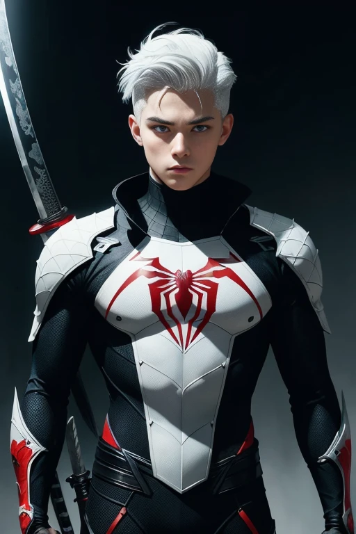 Portrait of a teenage boy with white hair, Gojo Satorou hairstyle, wearing black spiderman armor with red spider web lines, carrying a katana sword on his back, blue eyes, monograms in the background, digital painting, dark colors, 8k, complex details, vintage, retrofuturistic style, sharp focus on the center, pastel colors, art station, (sci-fi, future, future theme), (facial expression looking with disdain), (detailed illustration)