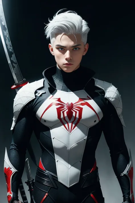 Portrait of a teenage boy with white hair, Gojo Satorou hairstyle, wearing black spiderman armor with red spider web lines, carr...