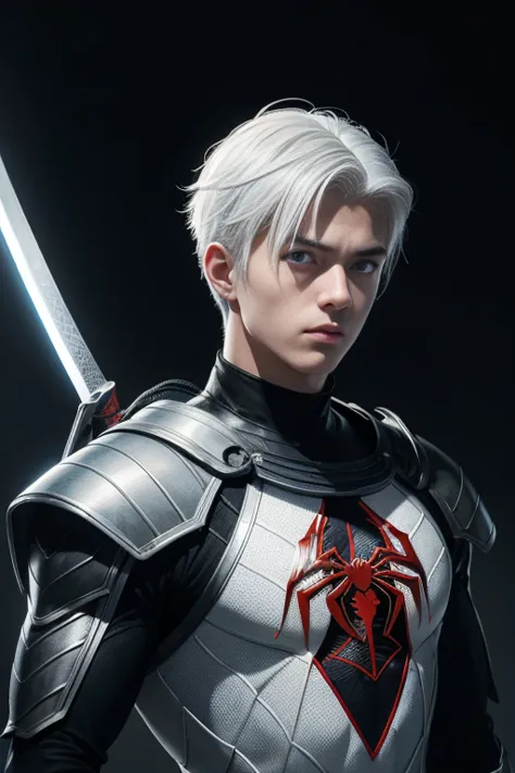 Portrait of a teenage boy with white hair, Gojo Satorou hairstyle, wearing black spiderman armor with red spider web lines, carr...