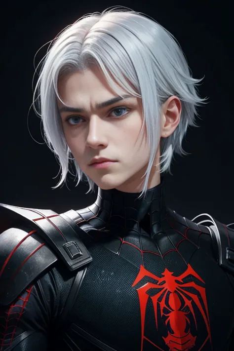 Portrait of a teenage boy with white hair, Gojo Satorou hairstyle, wearing black spiderman armor with red spider web lines, carr...