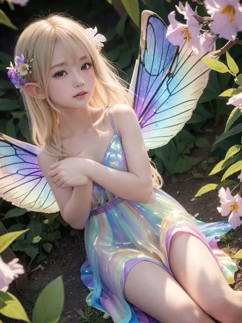 (A shining blonde fairy sitting on a flower (Elf)), Surrounded by colorful flowers, ((A girl with a pair of beautiful, transpare...