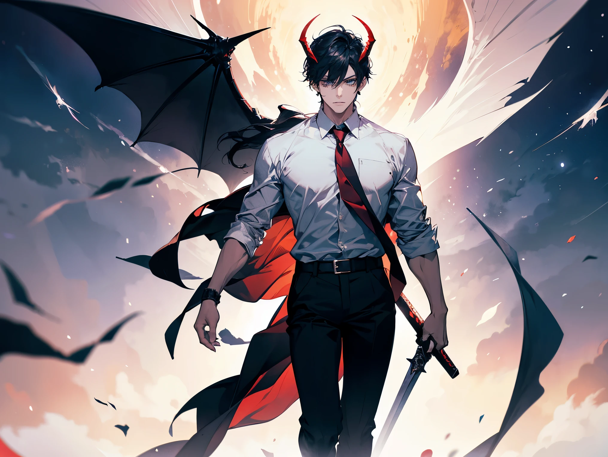 1 male,, 26 year old, masculine, short black hair, Attractive, red tie, White shirt, Rolled up sleeves, Black belt, Black pants, Beautiful blue eyes、beautiful hair、no expression, holding a sky blue sword, black hilt, Trending on ArtStation, 8K resolution, Highly detailed, Anatomically correct, Sharp Image, Digital Painting, Concept art, of the highest quality、galaxy hell background, flying pages forming demon wings, demon horns.