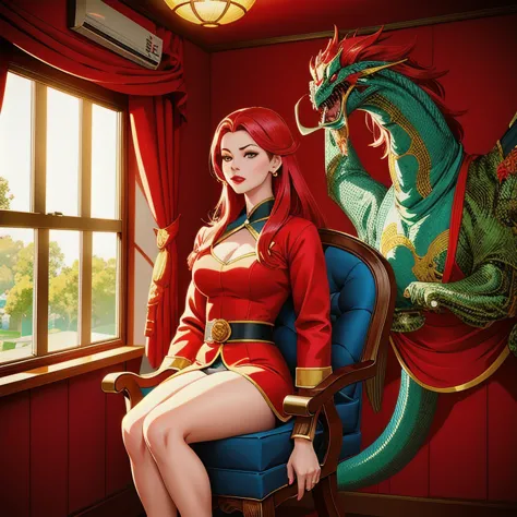 a woman in a red coat sits on a chair with a dragon, popular no artstation pixiv, arte detalhada de animework, arte digital deta...