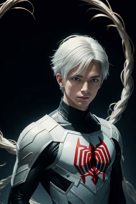 Portrait of a teenage boy with white hair, Gojo Satorou hairstyle, wearing black spiderman armor with red spider web lines, carr...